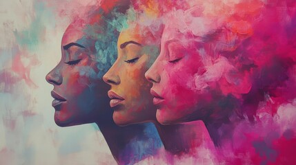The artwork features three side profiles of women with closed eyes, surrounded by vibrant clouds of colors. The composition evokes a sense of calmness and unity in diversity