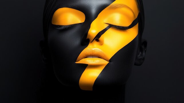 A woman's face is painted with black and yellow stripes