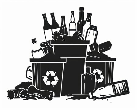 black and white recycling bin with bottles clip art preview