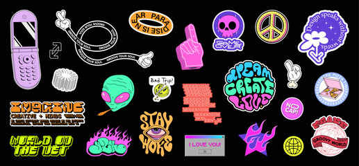 Stylish stickers for graphic design, patches with a message. Bright cartoon patches, acid stickers, groovy style, retro wave, funny and cute cartoon patches. Y2K retro vibe, cartoon groovy. Vector set