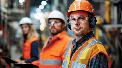 A group of workers dressed in bright orange safety vests and helmets, standing in a warehouse. They exhibit teamwork and professionalism, highlighting safety in an industrial setting.