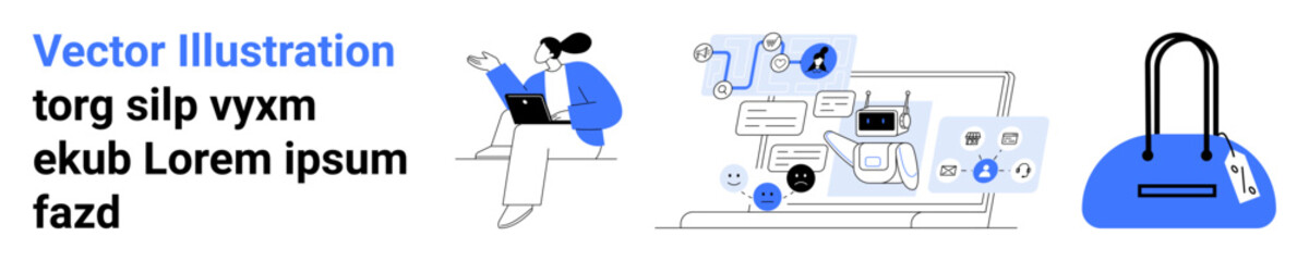 Woman using laptop for online shopping. Digital icons of shopping items thumbs up electronics, apparel, and accessories around laptop. Ideal for e-commerce, online retail, digital shopping trends