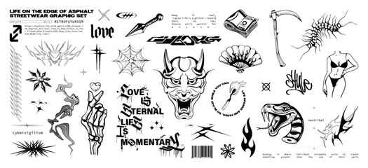 Underground aesthetics, street culture of the 90s, flash tattoo, isolated set for clothing brand, prints, elements for composition, merch, t-shirt, clothes. Street culture vector prints, tattoo art