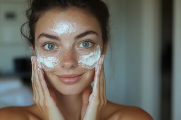 Young woman with green eyes applying cream to her face, soft touch and natural beauty, glowing skin and wellness concept, AI-generated