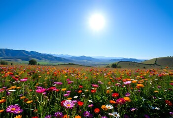 Vibrant Wildflower Field Under Summer Sky