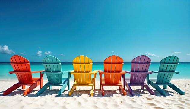 Colorful Adirondack chairs line up on a pristine white beach. Clear turquoise ocean water stretches out to a vibrant blue sky. Ideal for relaxing vacation. Perfect for a getaway. Enjoy peace and calm.