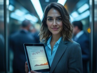 Fototapeta premium Startup founder holding tablet showing positive financial results in elevator