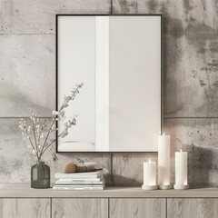 A blank poster frame on a vintage cabinet with a vase of dried grass. candles. and books. against a textured. distressed wall