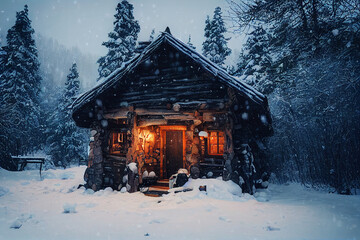 cozy rustic winter cabin in snowy forest 3d illustration