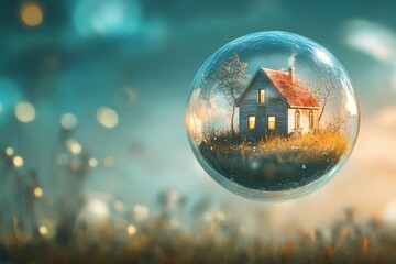 House floating inside a bubble. Fantasy surrealism.
