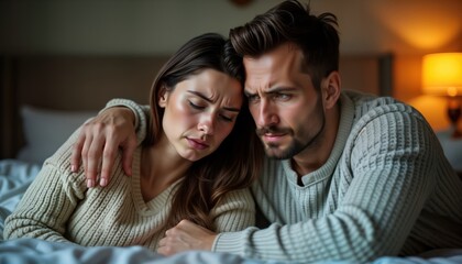 Fototapeta premium Sad couple in bedroom discuss problems. Woman comforts man. Relationship issues. Possible separation. Emotional moment. Conflict. Inside home. Family problems. Difficult time. Help. Support. Unhappy.