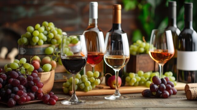 Wine glasses and bottles with fresh grapes on wooden table