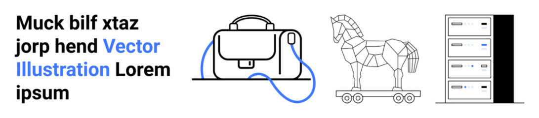 Bag with charging cable, wooden Trojan horse with wheels, server rack with drawers. Ideal for tech blogs, IT education, cybersecurity, online courses, digital marketing, business presentations