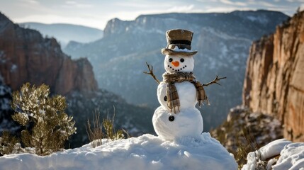 Snowman, with top hat, carrot nose, button eyes and scarf. in winter mountain scenery. Winter wonderland.	Frosty.
