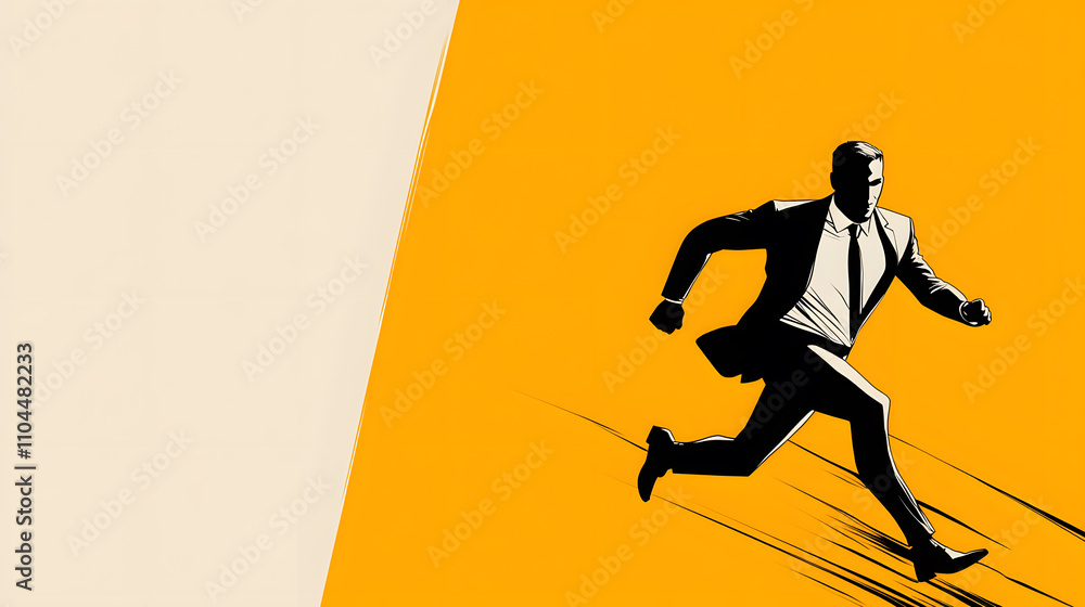 Poster dynamic pursuit in bold colors depicting a determined figure running swiftly