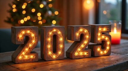 Obraz premium Glowing 2025 marquee lights on festive table