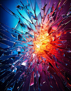 Colorful shards of glass exploding outwards from a central point of bright light, creating a dynamic and abstract visual