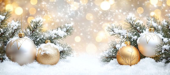 Christmas white decoration and spruce tree close up, bokeh lights background. Merry Christmas and Happy Holidays greeting card, frame, banner. New Year. Noel. Winter festive xmas theme.