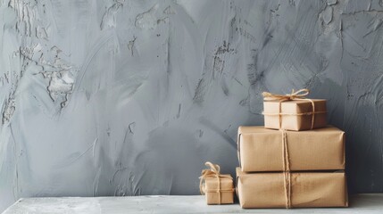 Stacked gift boxes with rustic wrapping on a gray background