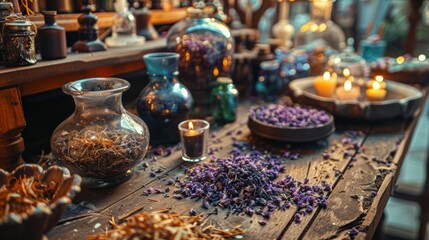 Fototapeta premium Herbs and flowers on a rustic table with candles