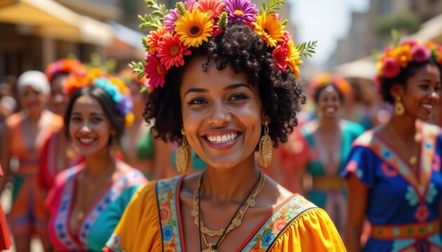 Diverse group of people enjoy colorful street festival. Women in vibrant costumes wear flower crowns. Smile, seem happy. Cultural celebration outdoors in city. Festival lively, joyful. Daytime event.