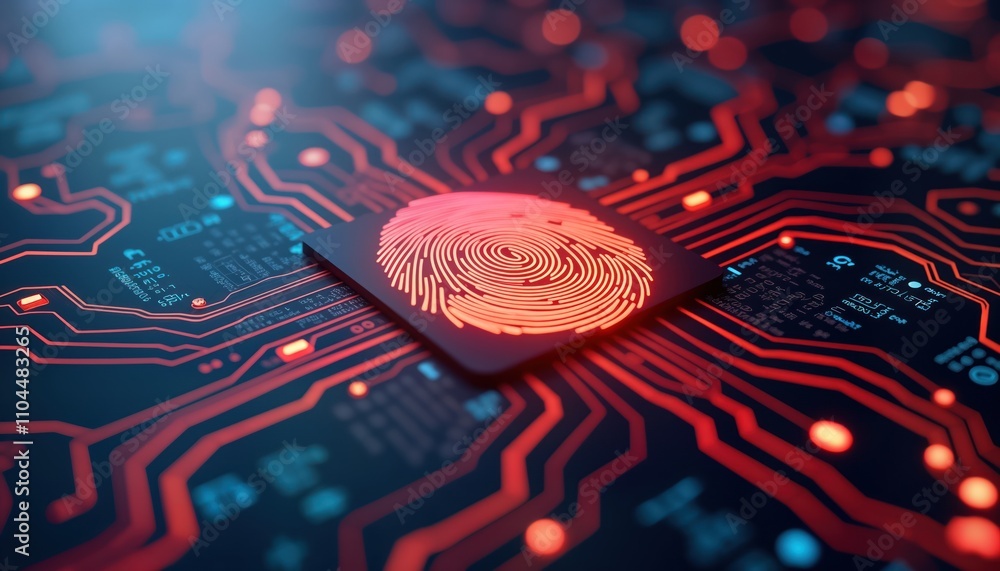 Leinwandbilder Digital fingerprint scanner on circuit board shows tech security innovation. Cybersecurity layer protects tech data. Advanced tech biometric system. Secure identification method. Fingerprint