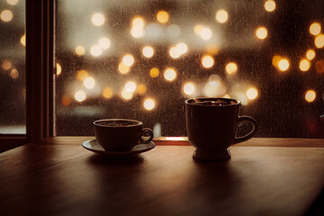 hot drink in window and Christmas lights