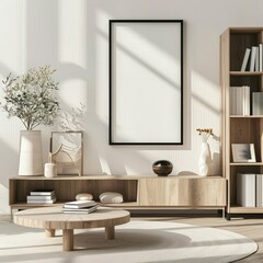 Minimalist living room interior with a wooden coffee table. a rug. a bookshelf. a potted plant. and a large blank canvas