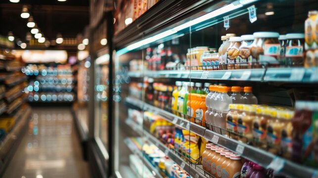Supermarket aisle with beverages and products on shelves