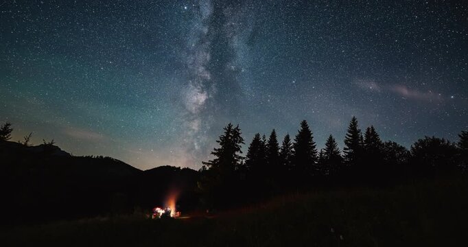 A group of friends sitting by a fire under the starry night sky with milky way galaxy Time lapse