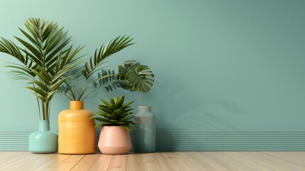 Obraz premium Modern vases with green plants against a teal wall