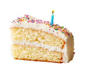 a slice of cake with a lit candle