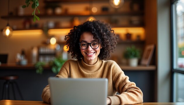Happy young woman works remotely in cozy cafe. Woman smiling looks at camera working on laptop. Remote work lifestyle, tech trends. Cozy cafe setting. Woman wearing casual clothes. Enjoyable work