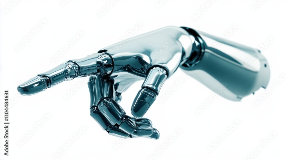 Poster a glossy robotic hand with curved edges, pointing at an object directly ahead, isolated on white
