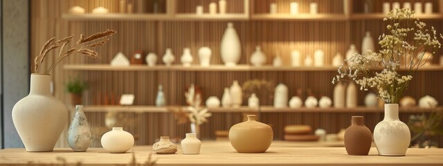 Minimalist pottery display with vases on wooden shelves