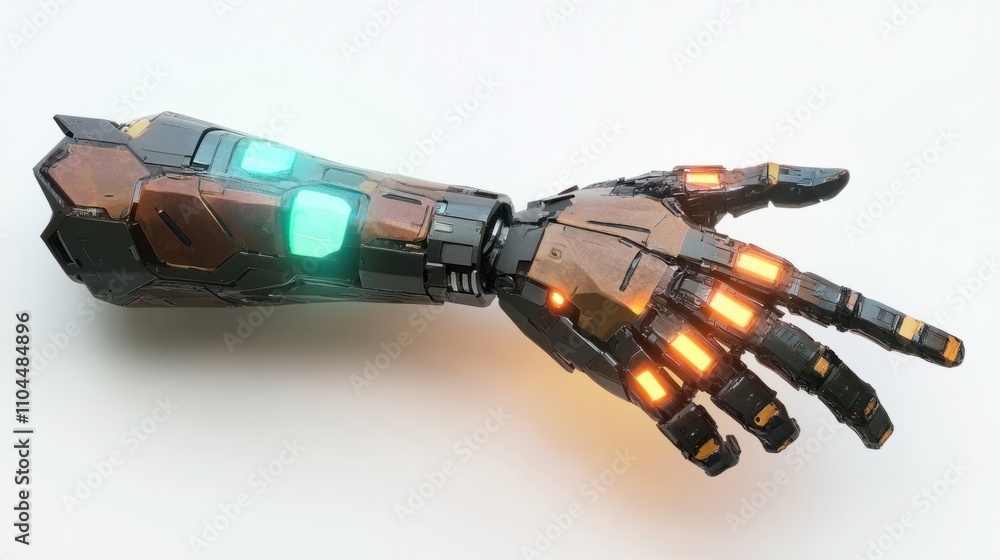Poster a robotic hand with illuminated joints, glowing fingertip extended in a pointing gesture, isolated o