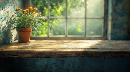 A sunlit window with a potted plant on a rustic wooden table, creating a serene atmosphere.