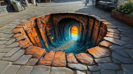 3D street painting creates the illusion of a deep tunnel, with vibrant colors and intricate details that draw viewers in, transforming the pavement into a portal to another world.