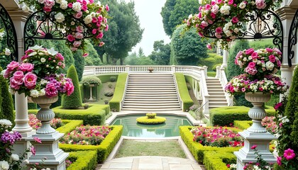 Fototapeta premium Baroque Garden with Pink Flowers, Pool, and Fountain