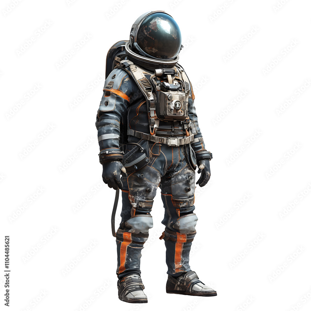 Poster Astronaut in a futuristic spacesuit with earth reflecting in their helmet visor poses against a transparent background