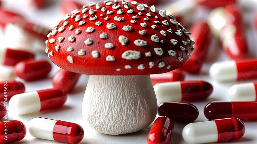 Poster red and white mushroom surrounded by various capsules on a flat surface in a bright setting