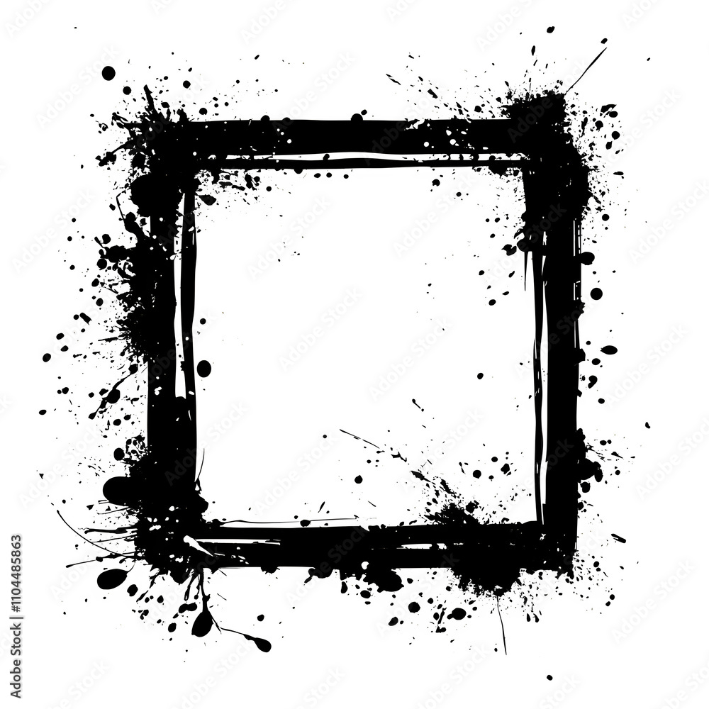 Poster Grunge frame created by black paint splattering around a double-lined square border on a transparent background