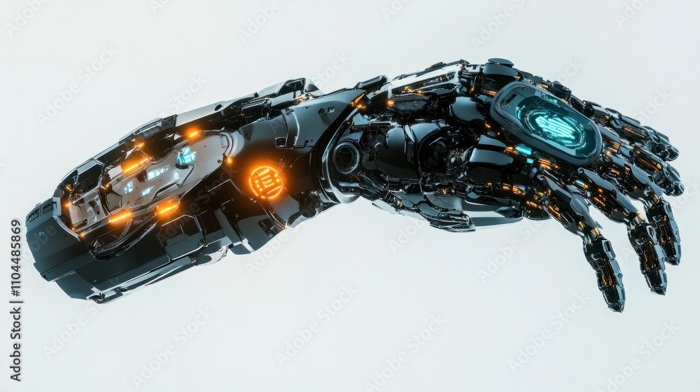 Poster high-tech robotic arm with glowing joints, pointing directly forward as if interacting with a virtua