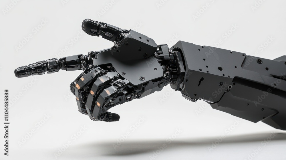 Poster high-tech robotic arm and hand with a matte black finish, finger extended in a commanding gesture, o