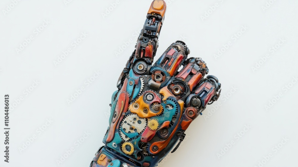 Aufkleber mechanical robot hand with gears visible, index finger pointing directly at the viewer, on a clean w