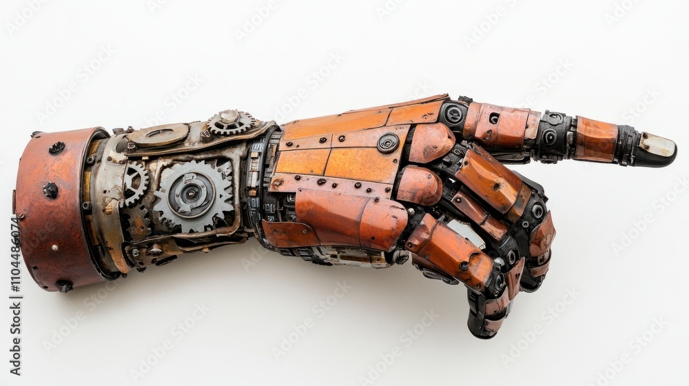 Poster mechanical robot hand with gears visible, index finger pointing directly at the viewer, on a clean w