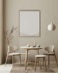 Minimalist dining room interior with a round wooden table. two chairs. a framed picture and a wicker pendant lamp