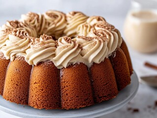 	
Delicate bundt cake with creamy frosting and a dusting of cinnamon, displayed on a white cake stand, surrounded by warm holiday accents and natural light.	