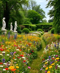 Opulent Baroque Garden with Wildflowers and Statues