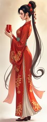 Woman in traditional red dress holds cup. Asian style outfit. Formal attire. Elegant design. Cultural dress. Female figure. Lady with long black hair. Traditional design elements. Graceful pose.